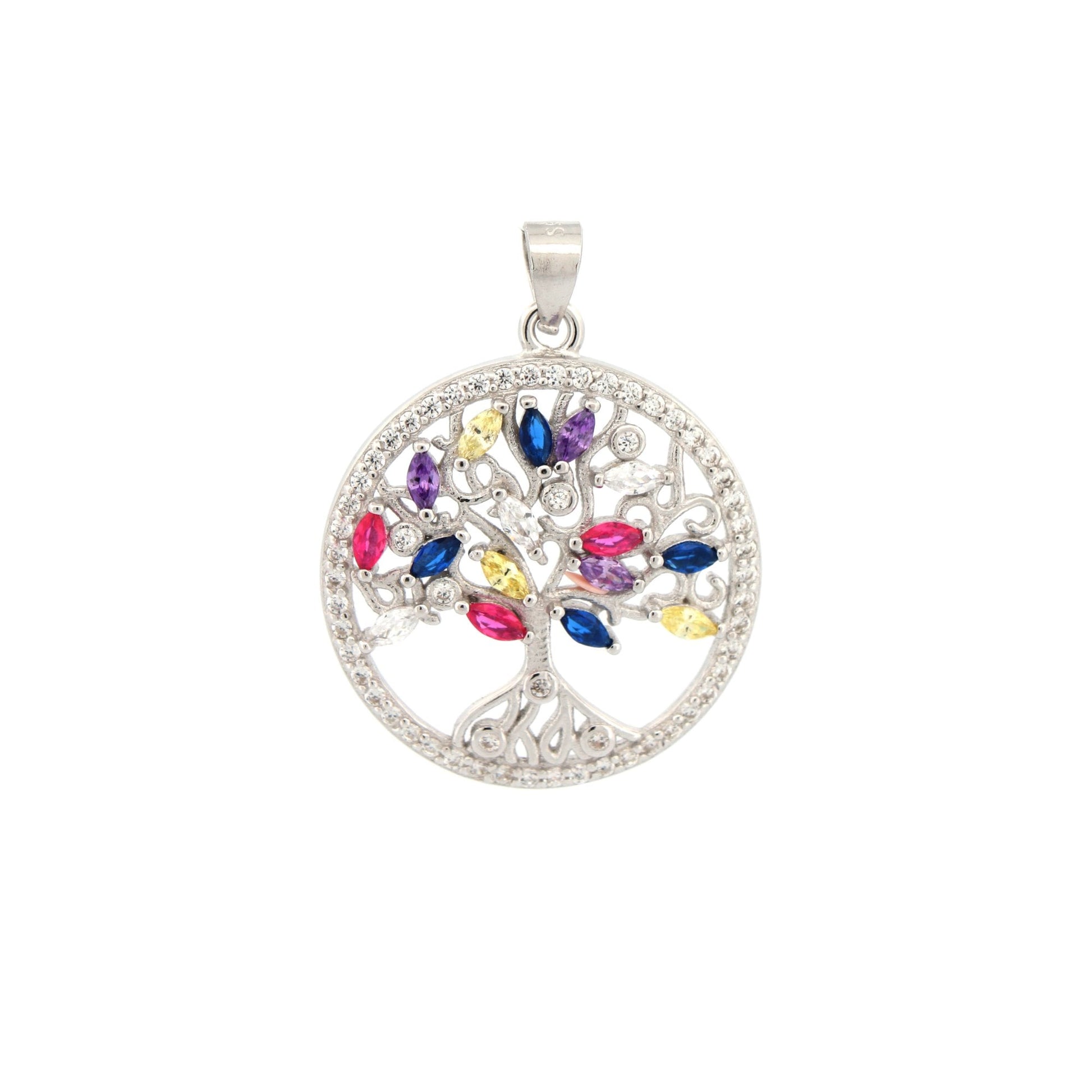 925 Silver Multi Col CZ Tree of Life Pendant