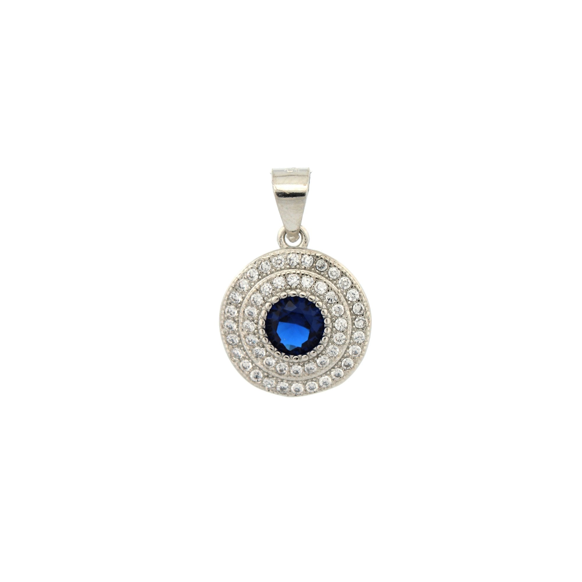 925 Silver Rhodium Halo Pendant Sapphire Centre CZ
