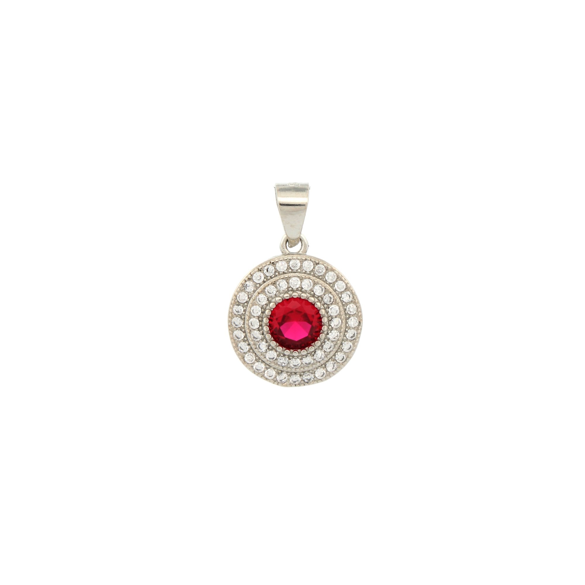 925 Silver Rhodium Halo Pendant Ruby Centre CZ