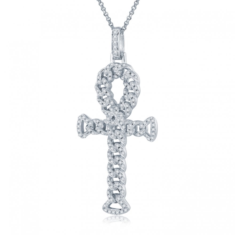 925 Silver CZ Set Curb Link Anc Style Cross