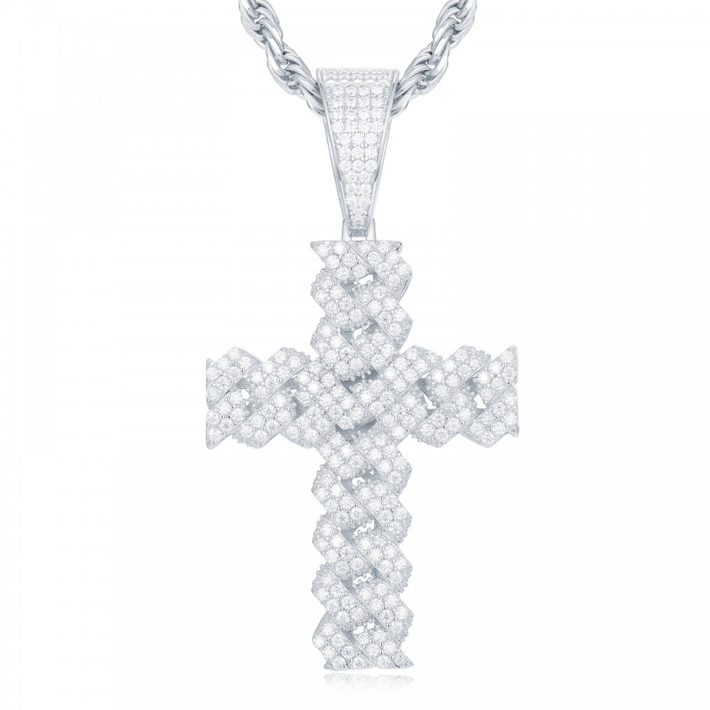 925 Silver CZ Set Cuban Link Style Cross