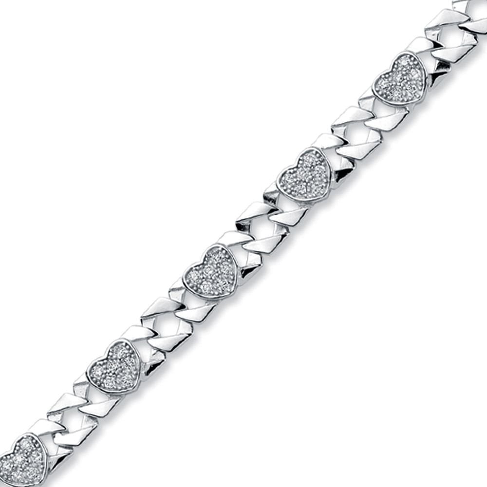 925 Silver CZ Set Heart Curb Bracelet