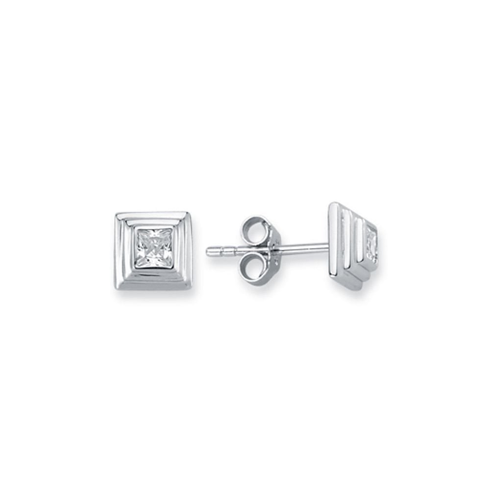 925 Silver Tiered Wedding Cake Solitare 3mm Square CZ Set Stud Earrings