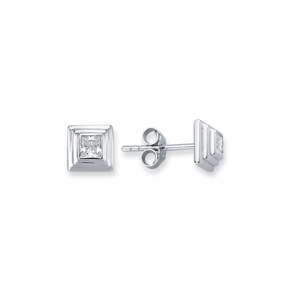 925 Silver Tiered Wedding Cake Solitare 4mm Square CZ Set Stud Earrings