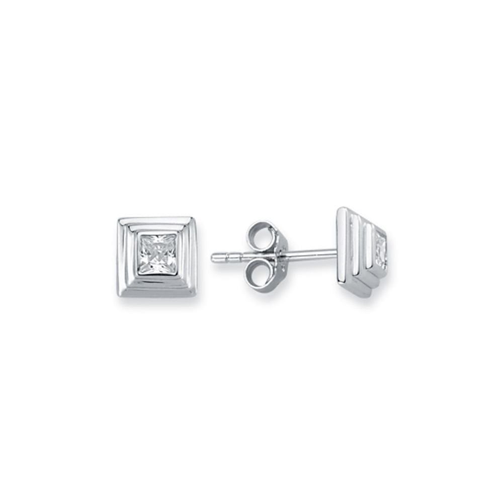 925 Silver Tiered Wedding Cake Solitare 5mm Square CZ Set Stud Earrings