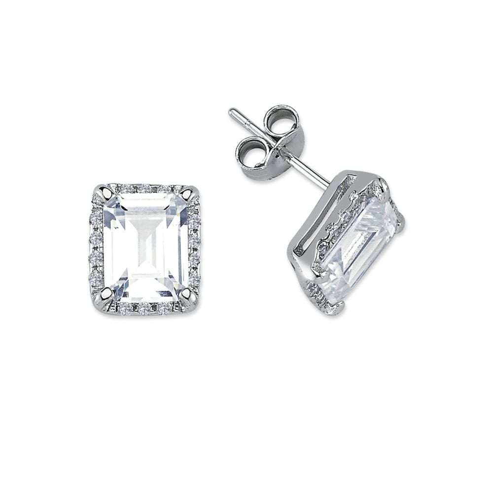 925 Silver CZ Set Emerald Cut Cluster Studs