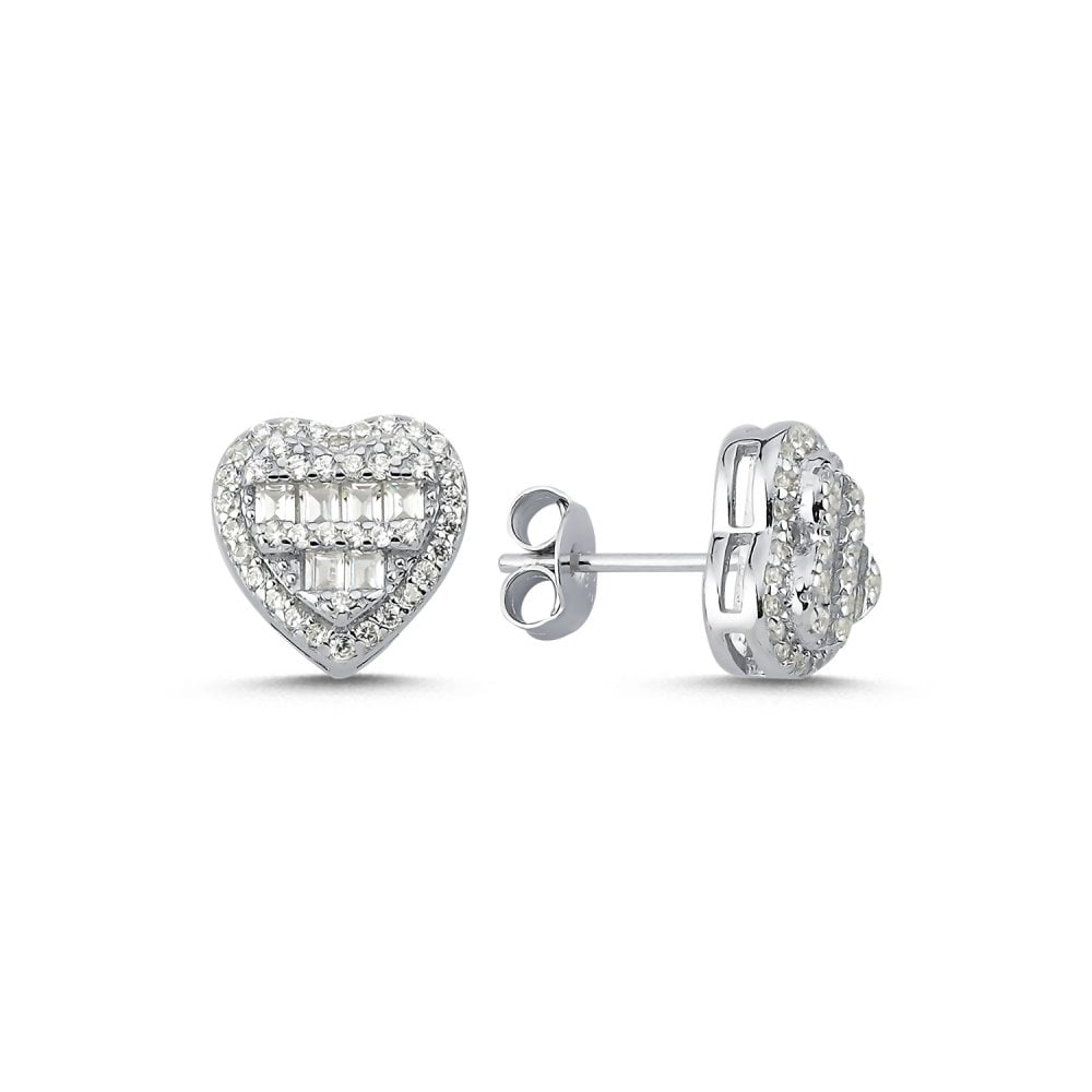925 Silver CZ Brilliant and Baguette Cut Heart Studs
