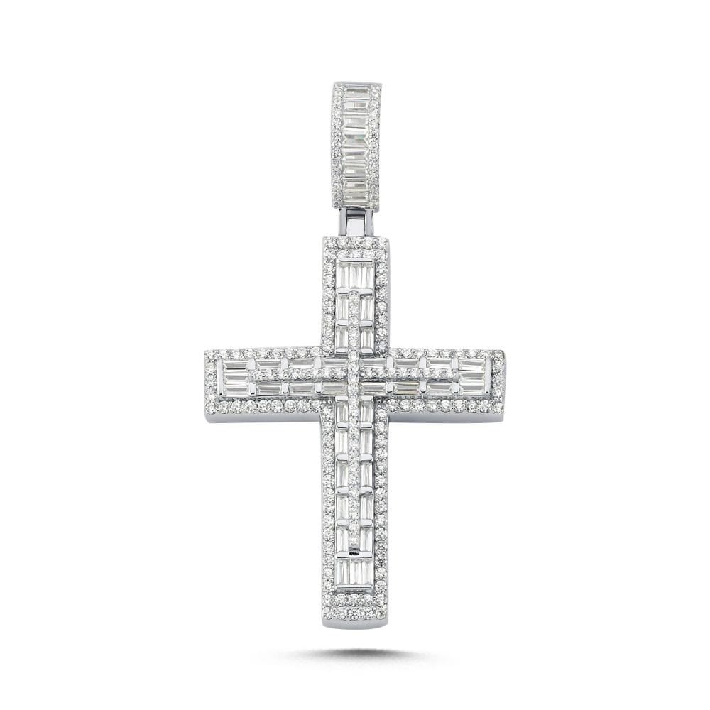 925 Silver Large CZ Brilliant and Baguette Cut Cross
