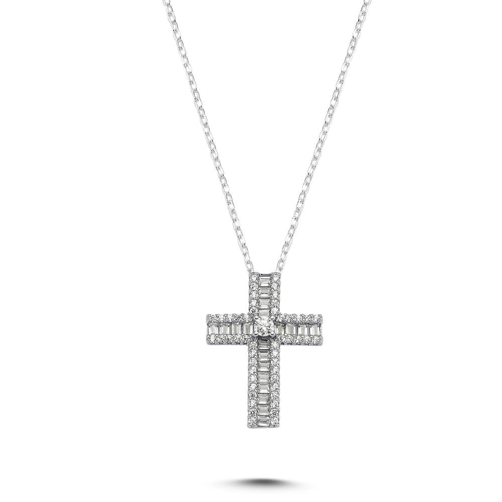 925 Silver Small CZ Brilliant and Baguette Cut Cross