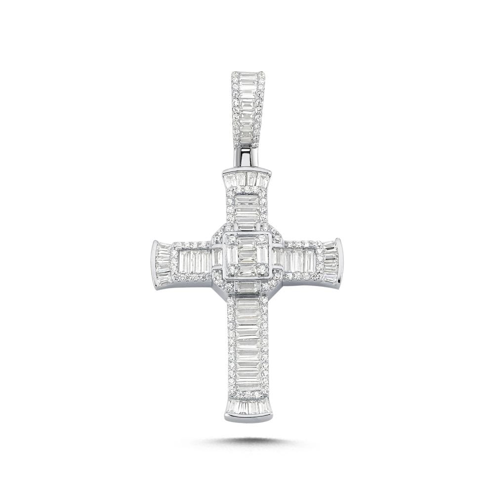 925 Silver Large CZ Brilliant and Baguette Cut Cross
