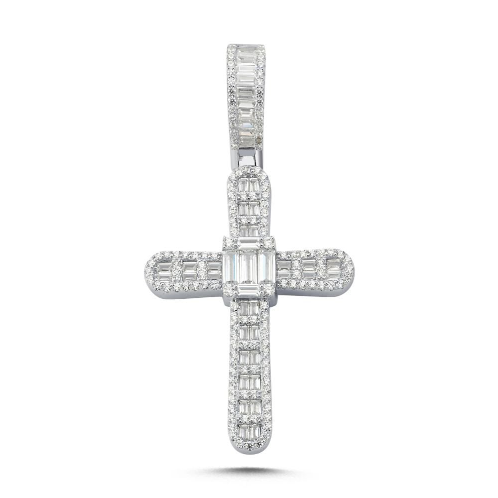 925 Silver Large CZ Brilliant and Baguette Cut Cross