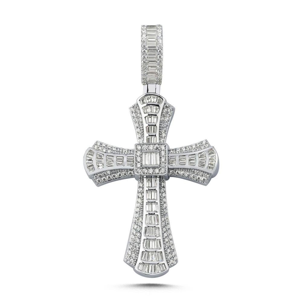 925 Silver Large CZ Brilliant and Baguette Cut Cross