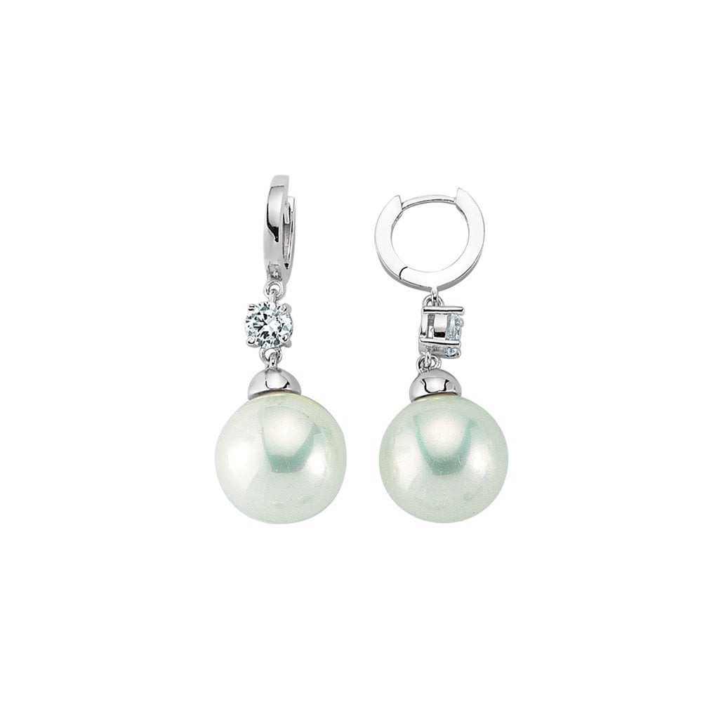 925 Sterling Silver CZ Large Pearl Drop On Siver Hoop