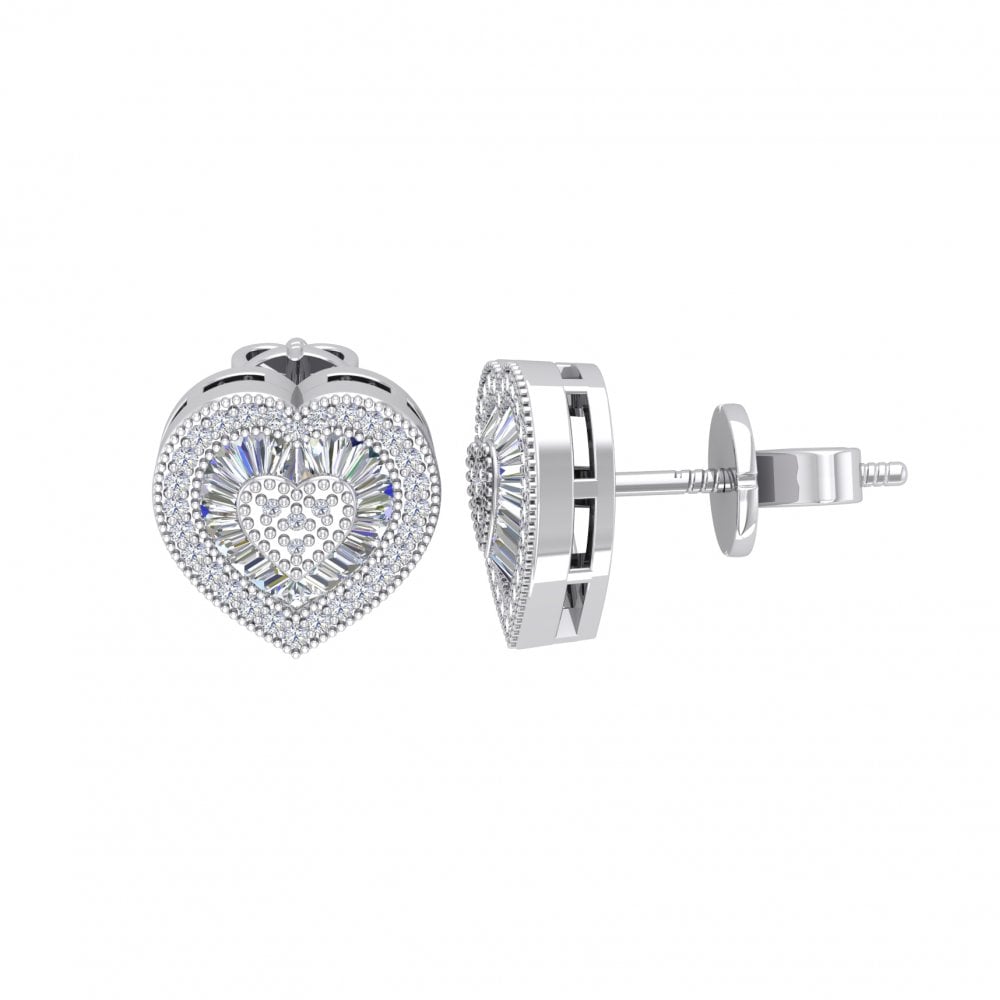 Silver PT Plate CZ Heart Baguette Stud Earrings