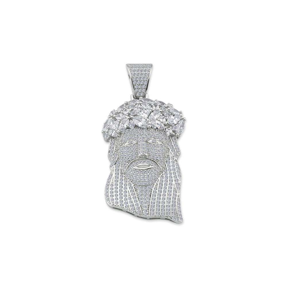 Silver CZ Large Crowned Jesus Head Pendant
