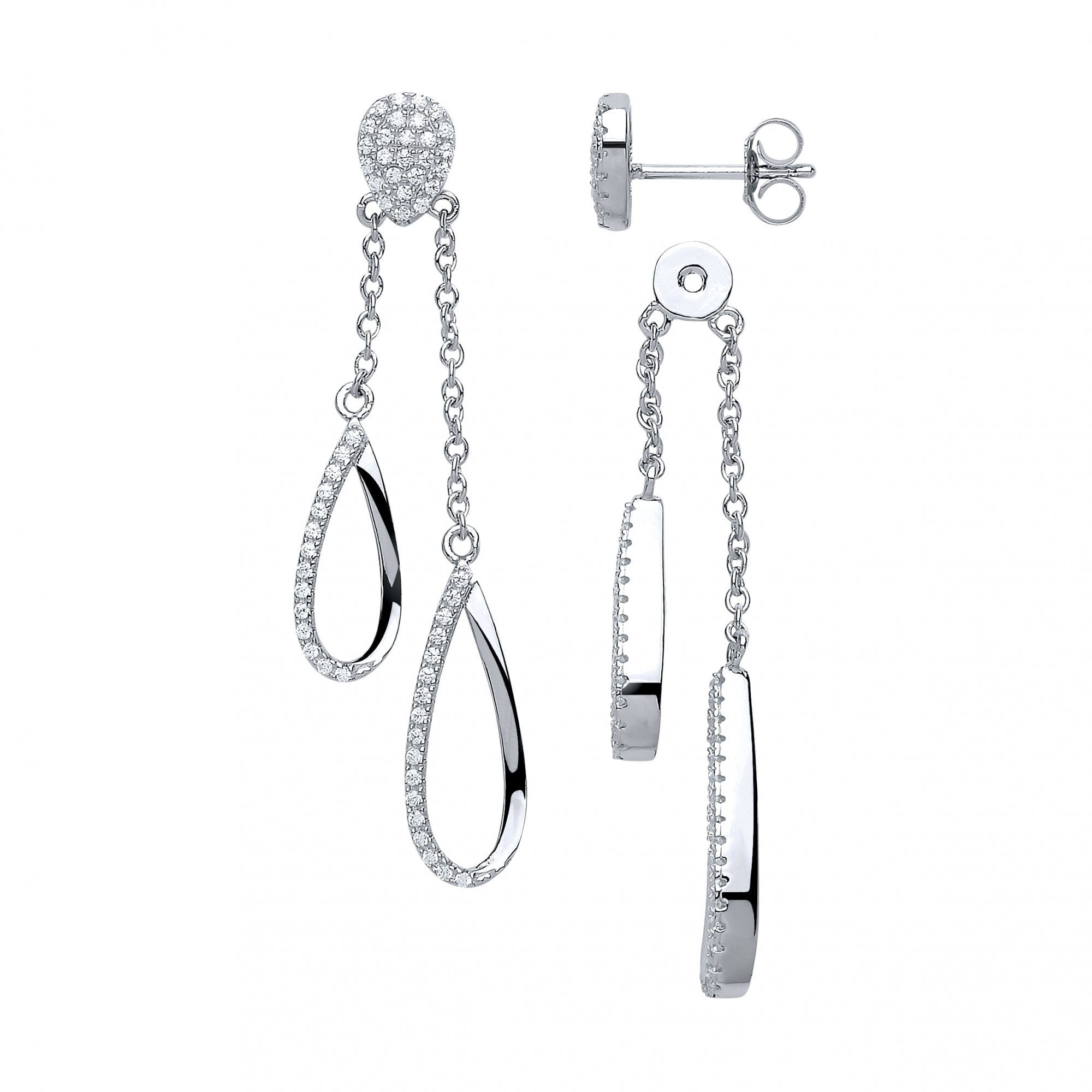 925 Sterling Silver CZ Two Way Front & Back Chain Drop Earrings