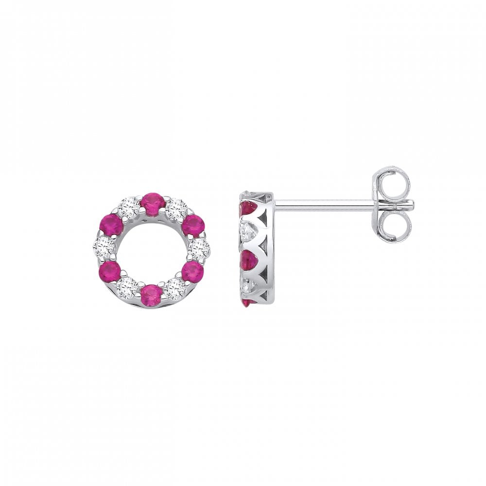 Silver CZ & Ruby Circle Stud Earrings