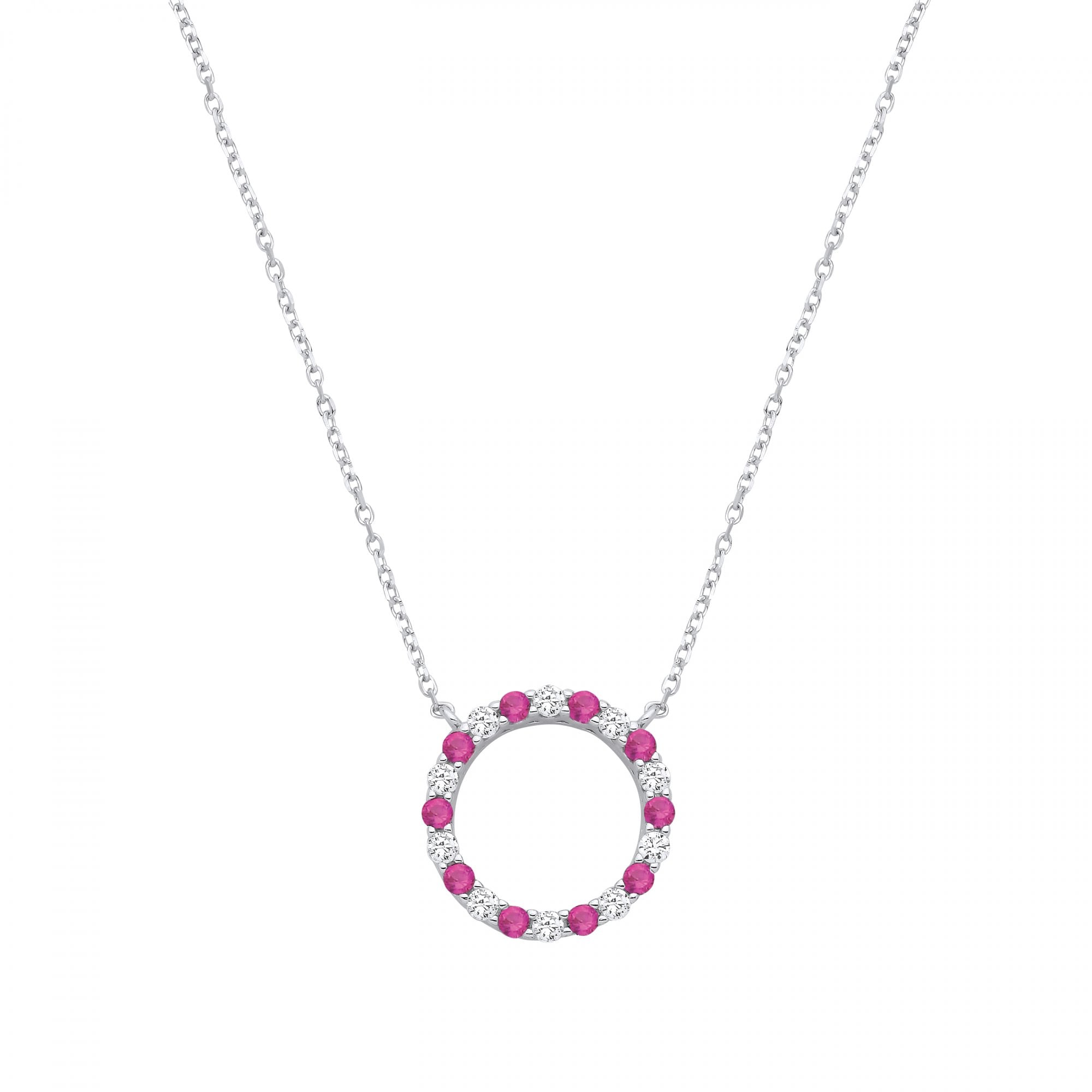 Silver CZ & Ruby Circle Pendant Necklace