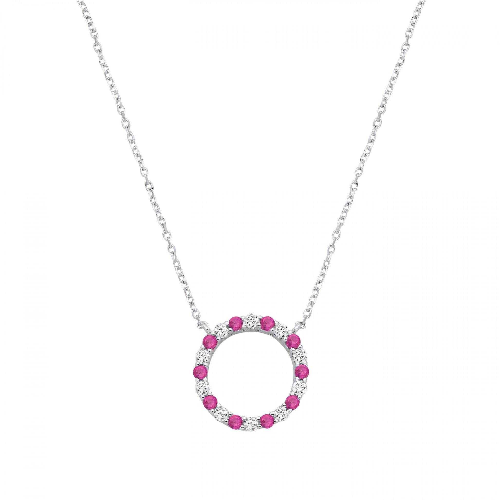 Silver CZ & Ruby Circle Pendant Necklace