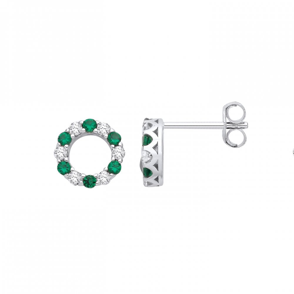 Silver CZ & Emerald Circle Stud Earrings