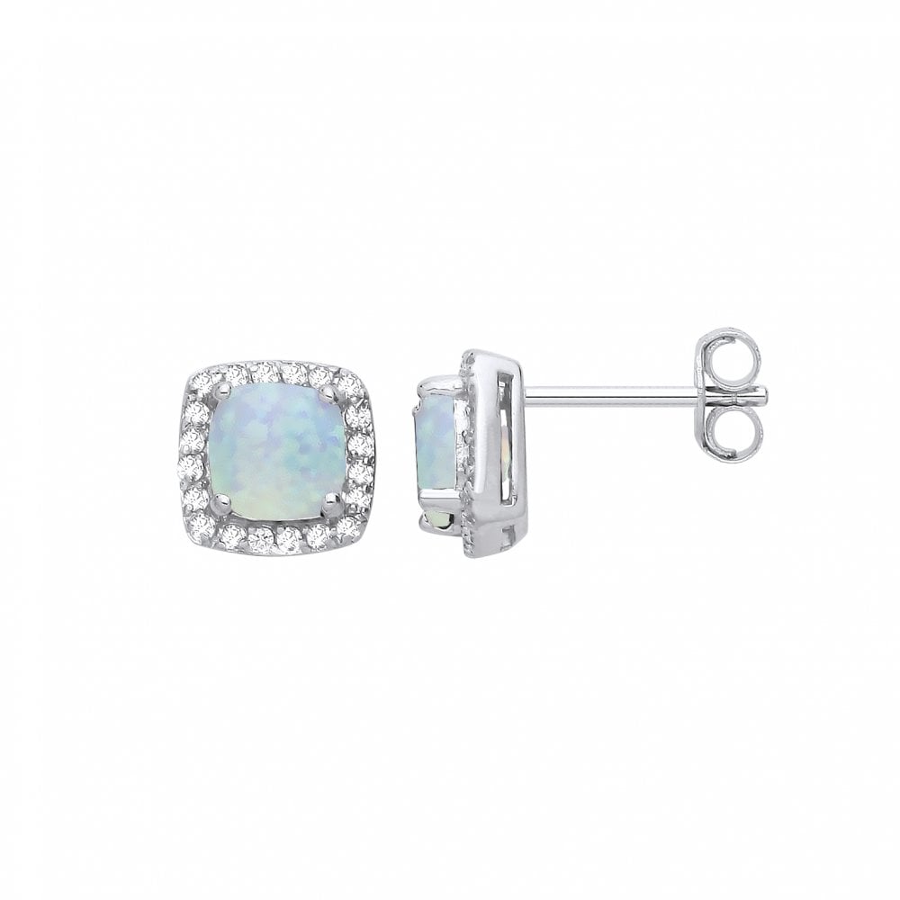 925 Sterling Silver Cubic Zirconia Opal Princess Cut Stud Earrings