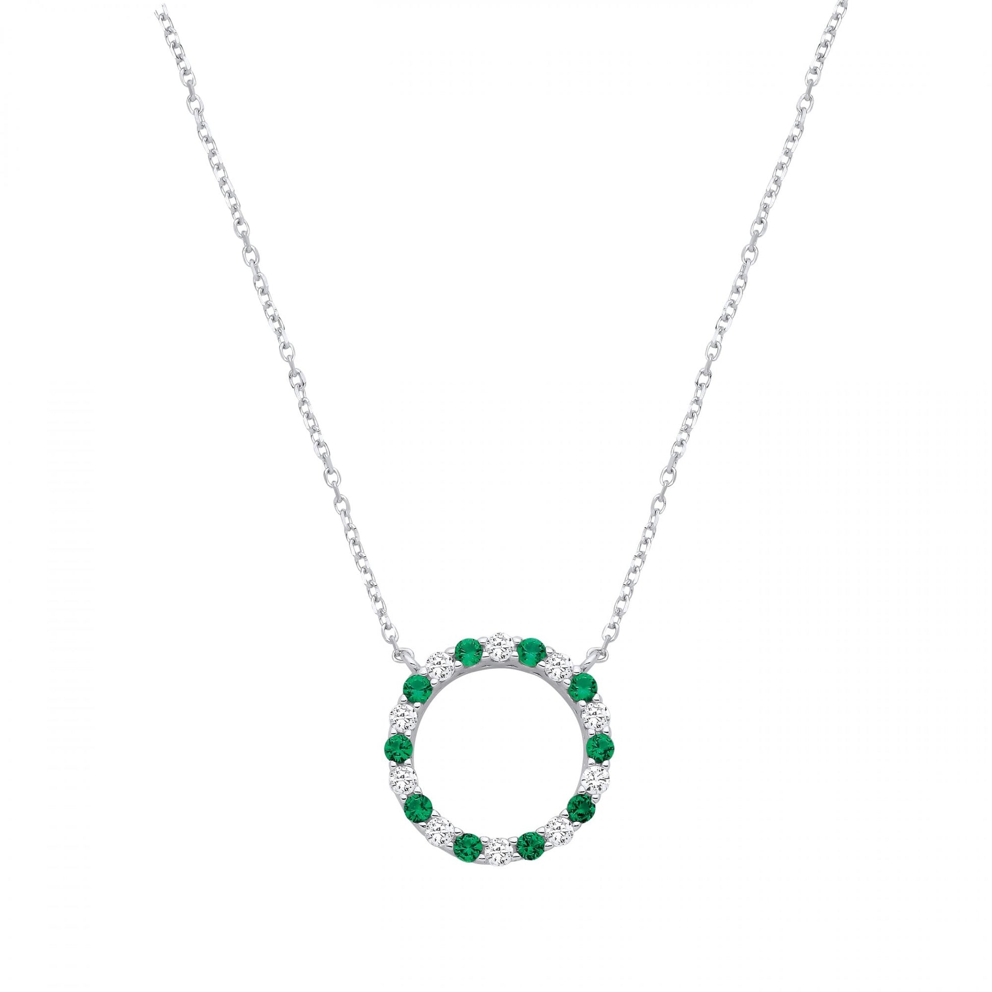 Silver CZ & Emerald Circle Pendant Necklace