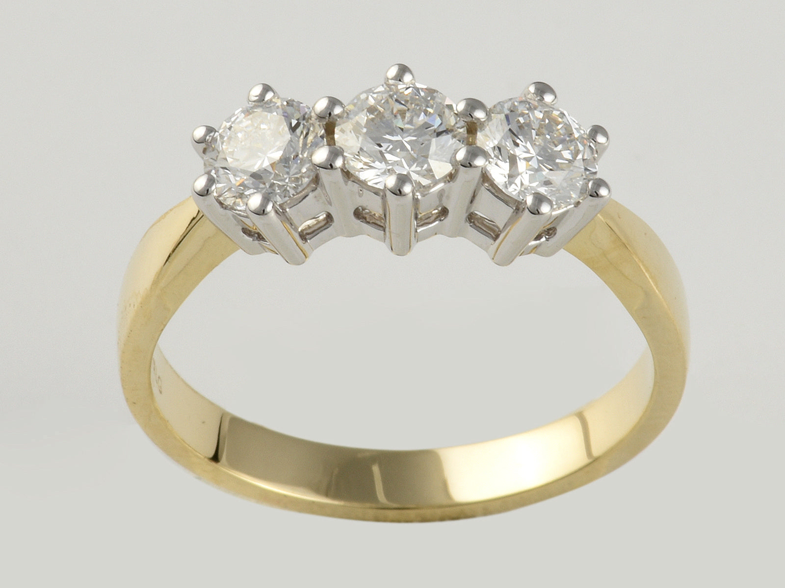9ct Yellow Gold, White Gold Claw Set, Laboratory Grown Diamond 0.95ct Three Stone Ring