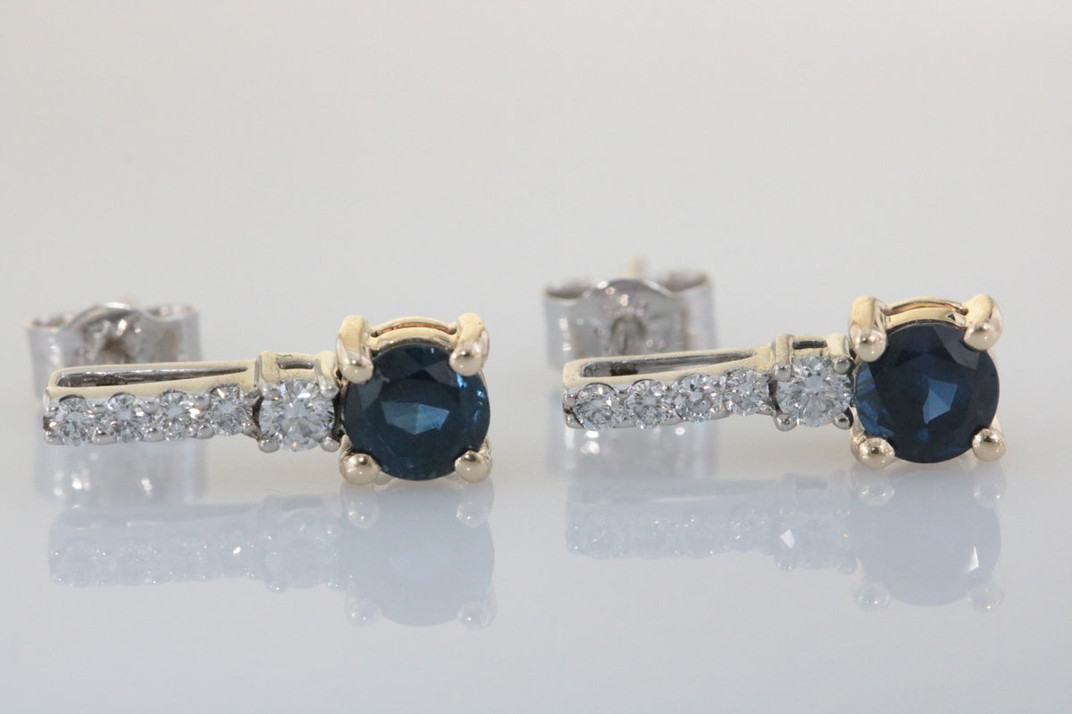 9ct White Gold, Yellow Gold Claw Set, Sapphire 1.02ct and Diamond 0.16 Earrings