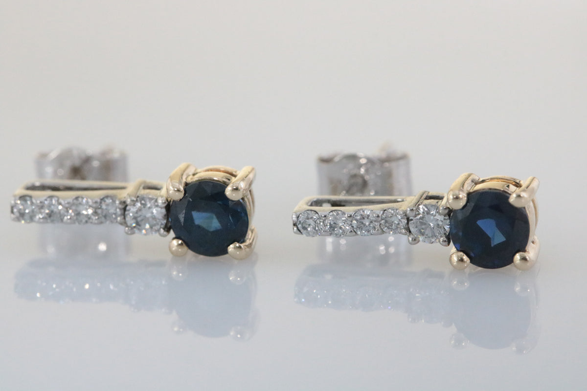 9ct White Gold, Yellow Gold Claw Set, Sapphire 1.02ct and Diamond 0.16 Earrings