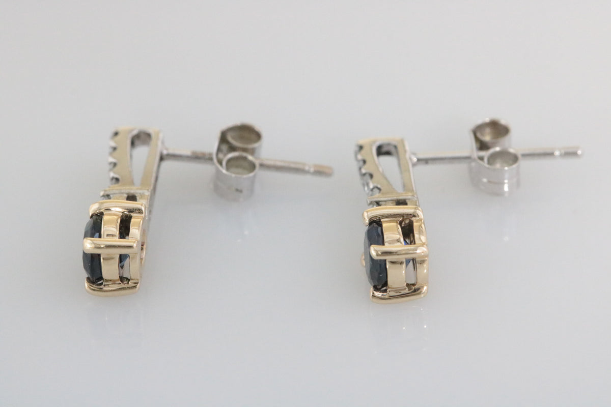 9ct White Gold, Yellow Gold Claw Set, Sapphire 1.02ct and Diamond 0.16 Earrings