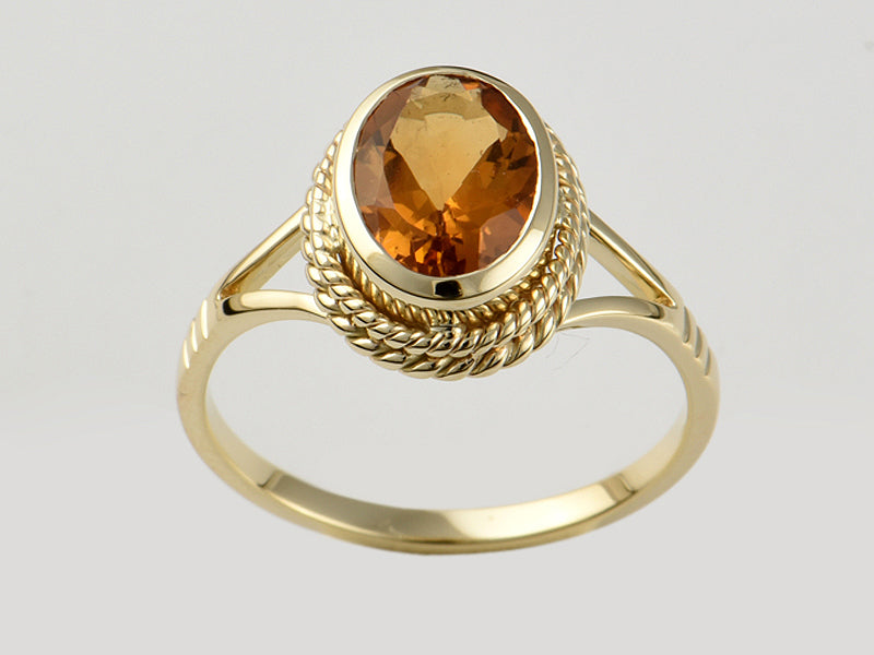 9ct Yellow Gold Single Stone Citrine Ring With Rope Edging