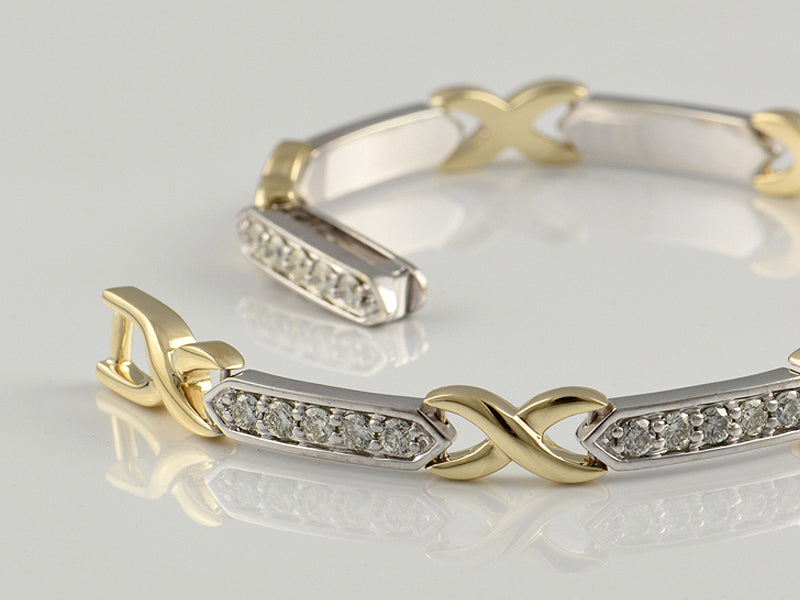 9ct White and Yellow Gold, Diamond 2.54ct Set Fancy Link Bracelet with Safety Chain