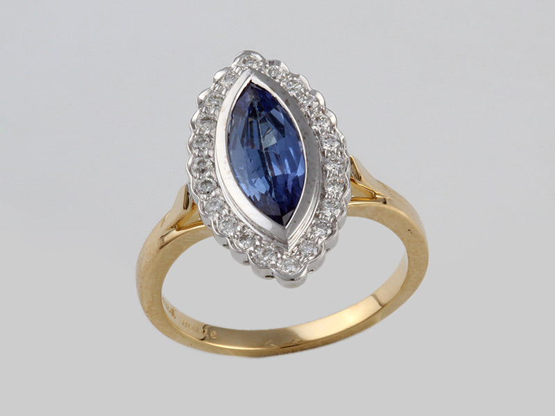 18ct Yellow Gold, White Gold Rub-over Set, Tanzanite 1.69ct and Diamond 0.25ct Cluster Ring
