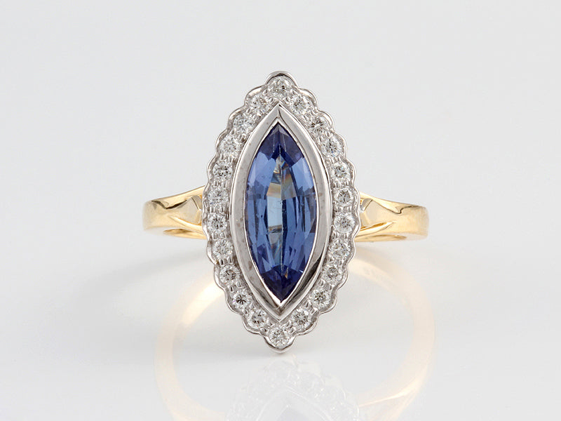18ct Yellow Gold, White Gold Rub-over Set, Tanzanite 1.69ct and Diamond 0.25ct Cluster Ring