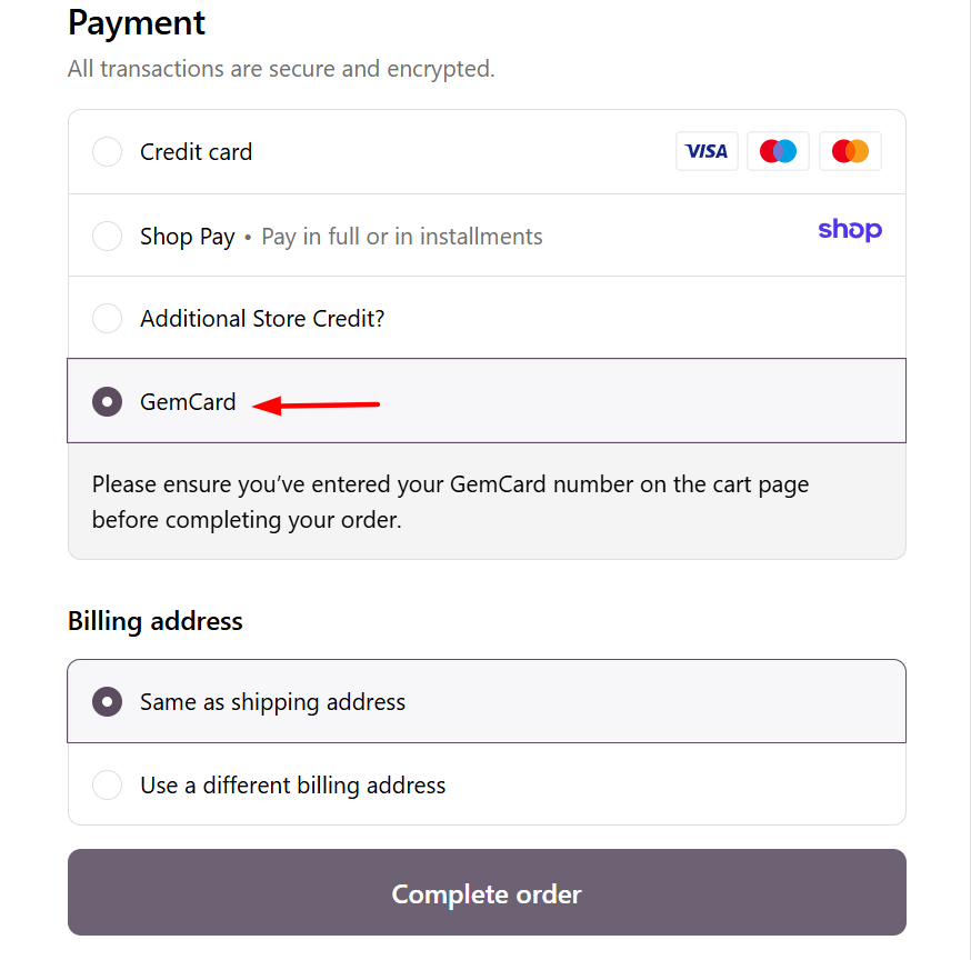 GemCard payment option example